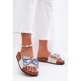 Women's slippers with a bow on the cork platform blue beige 2