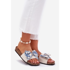 Women's slippers with a bow on the cork platform blue beige 1