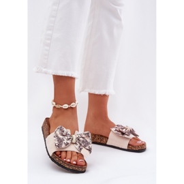 Women's slippers with a bow on a cork platform beige 2