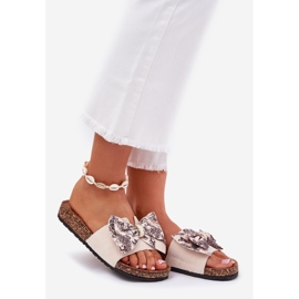 Women's slippers with a bow on a cork platform beige 1