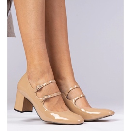 Beige women's pumps on the pillar with buckles 1