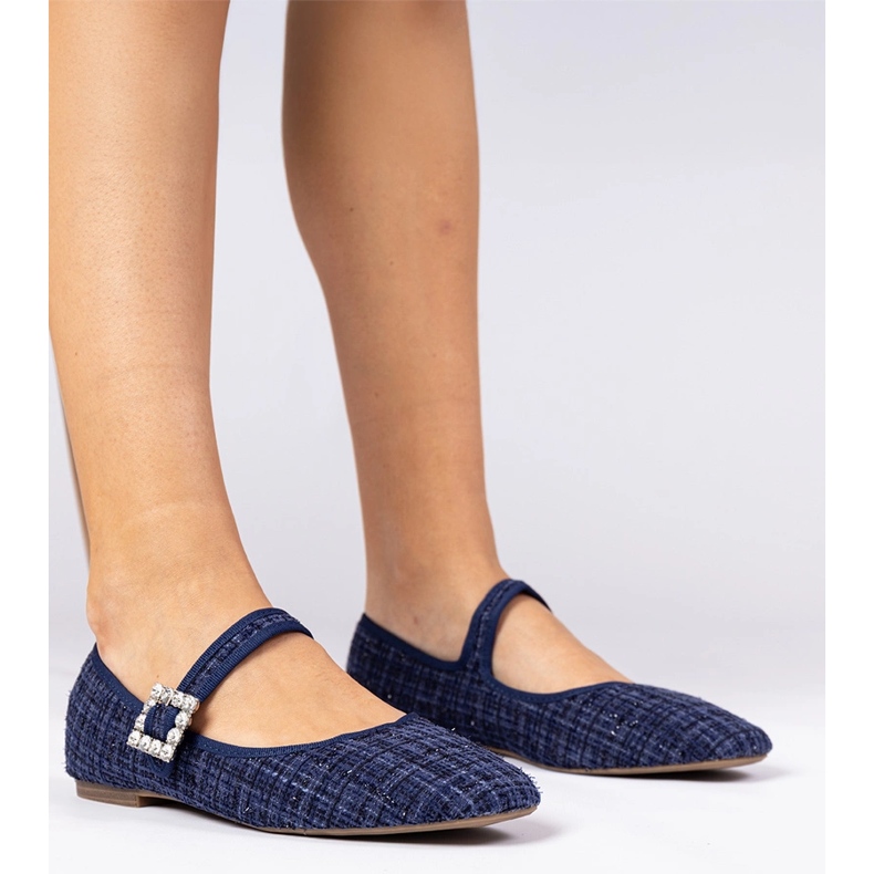 Navy blue women's ballerinas with a buckle and crystaliki 1
