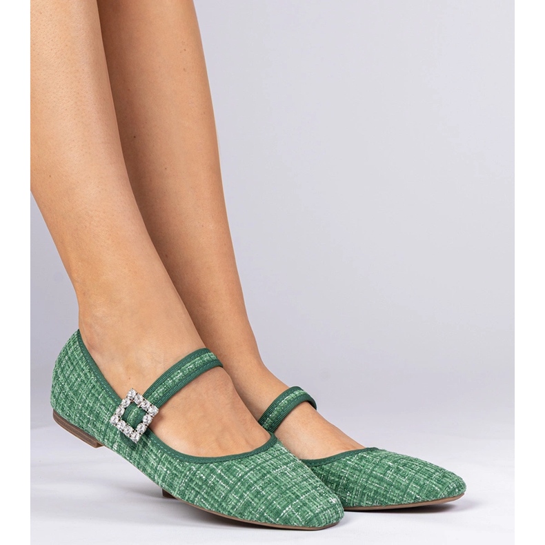 Green women's ballerinas with a buckle and crystals 1