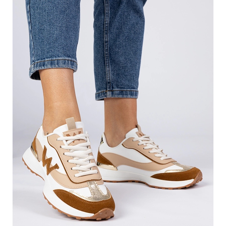 White-brown women's sneakers with a leopard accessory 2