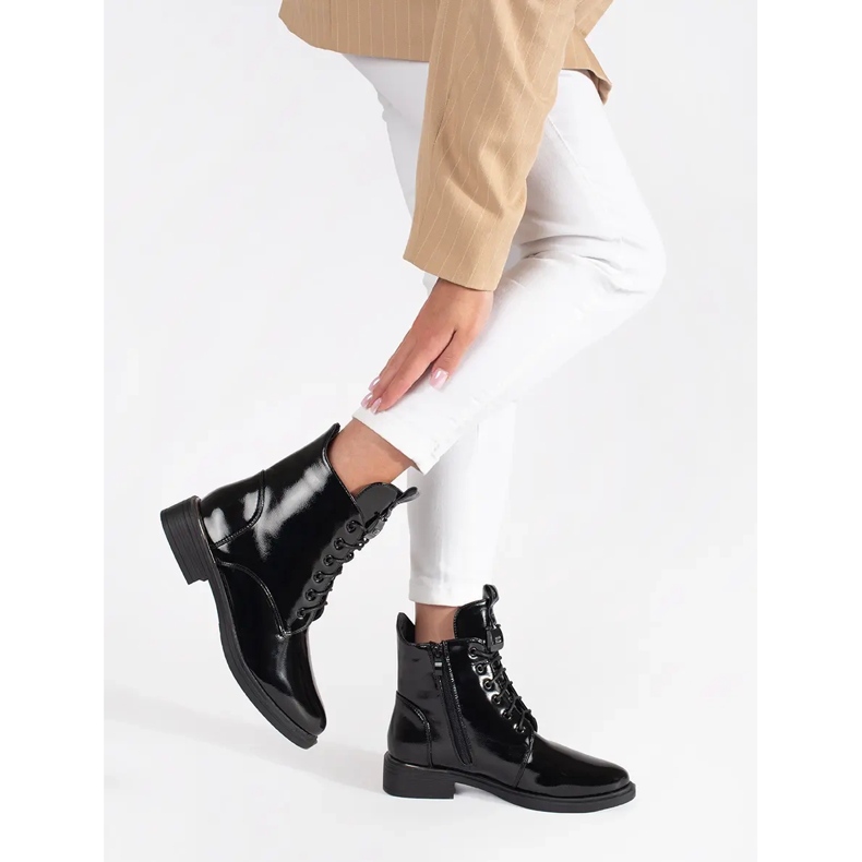 Black women's lace-up ankle boots made of patent ecological leather 2