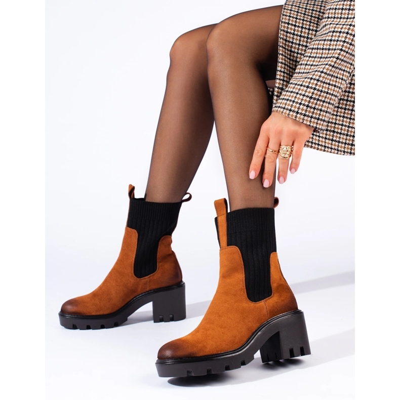 Camel slip-on ankle boots with a wide heel by Potocki brown 1