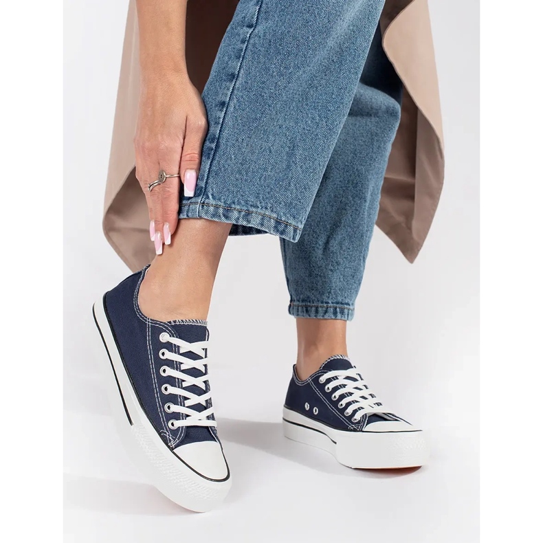 Seastar Navy blue classic women's lace-up sneakers with a platform 1