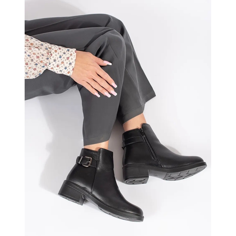 Black women's low-heeled ankle boots with a decorative buckle 2