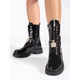 Seastar Black patent lace-up worker ankle boots on the platform with pins 1