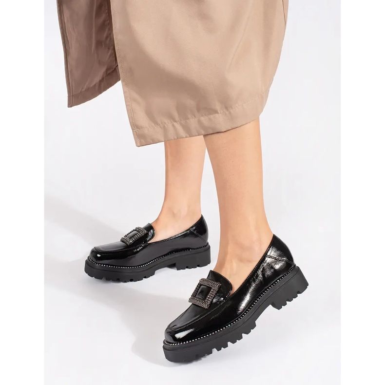 Goodin Women's black platform moccasins decorated with a buckle and rhinestones 2