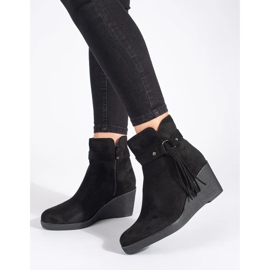 Suede black women's wedge boots with fringes 1