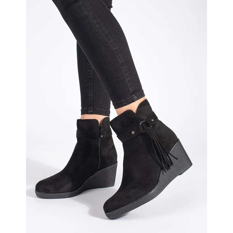 Suede black women's wedge boots with fringes 1
