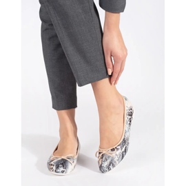 Women's flat ballerina shoes with a snake pattern and a bow beige 1