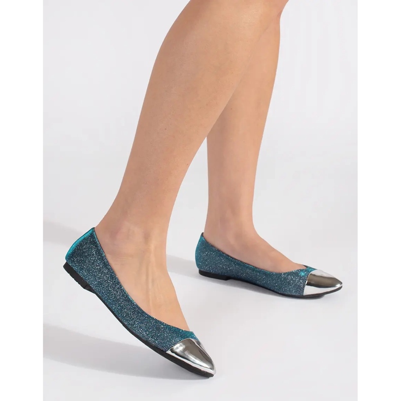 Blue shiny ballet flats with a silver toe 2