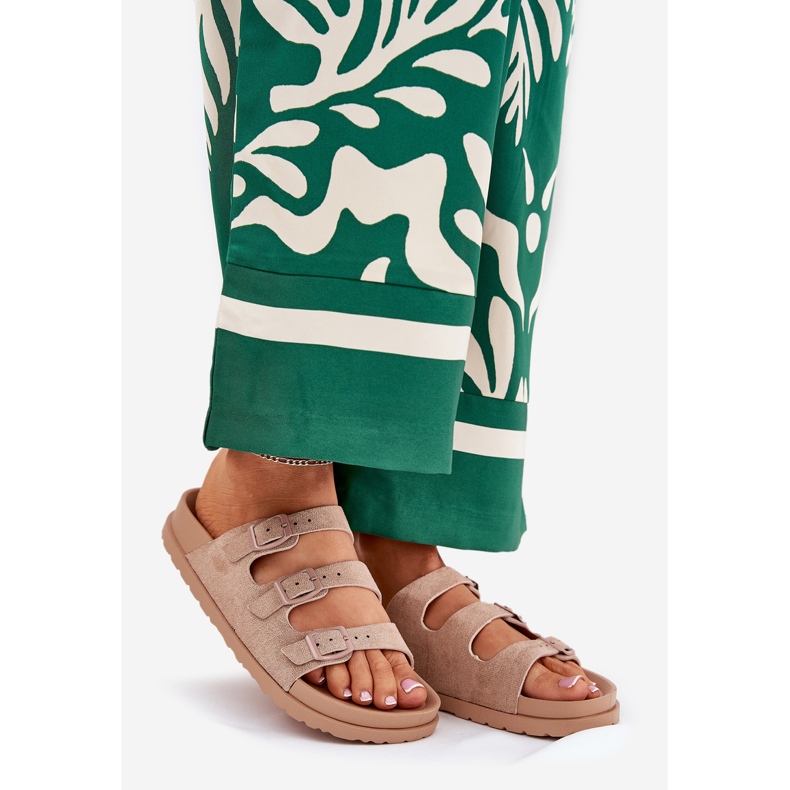 Women's slippers with stripes and buckles beige 1