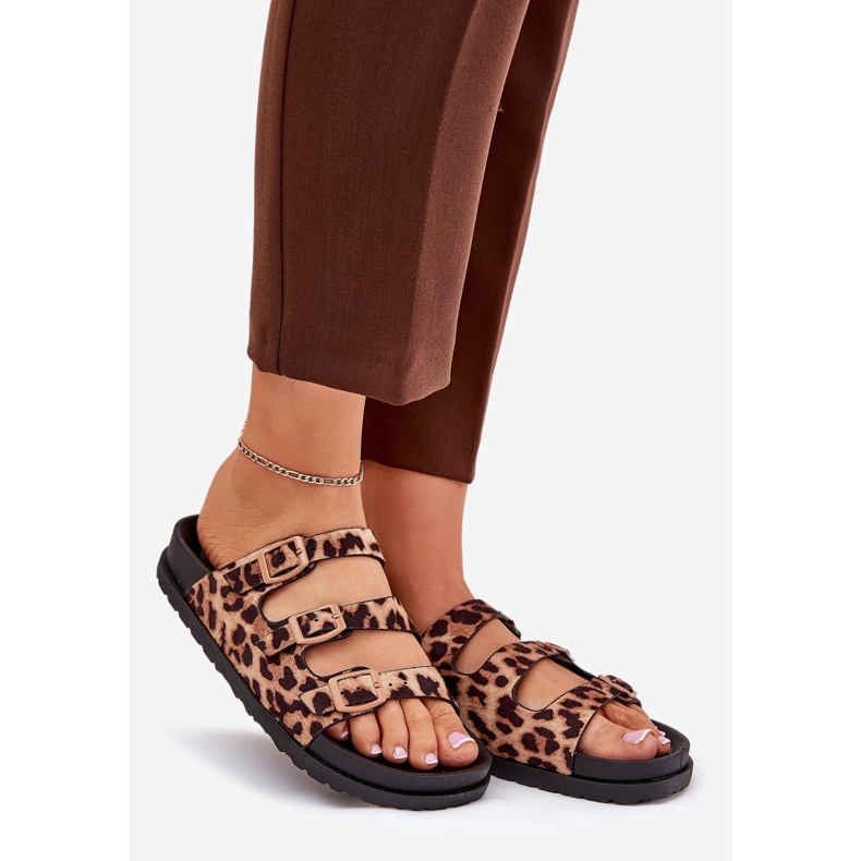 Women's flip flops with stripes and buckle with brown leopard print 1
