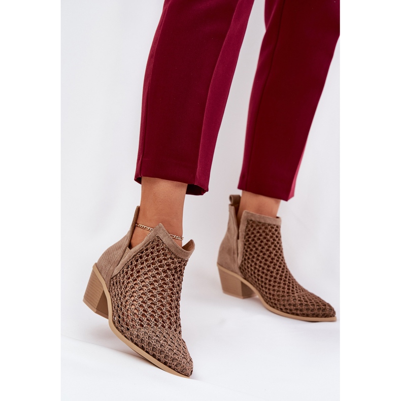 Openwork women's high heels with cutouts and khaki braid beige 2