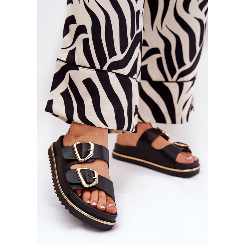 Women's flip flops on the platform with golden clamps black 2