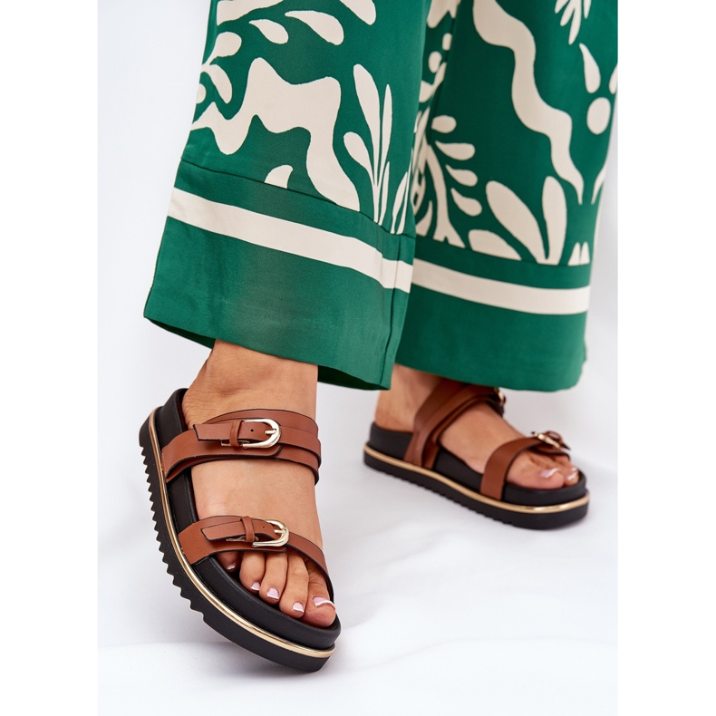 Smooth women's flip flops on the platform with stripes and clamps Camel brown 2