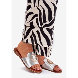 Eco leather flat women's slippers with a decorative silver detail grey 1