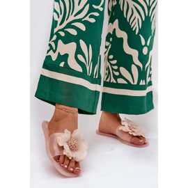 Transparent flat women's flip flops with artificial nude flower beige 2