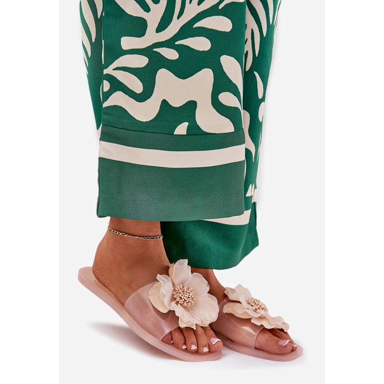 Transparent flat women's flip flops with artificial nude flower beige 1