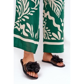 Transparent flat women's flip flops with artificial flower black 2
