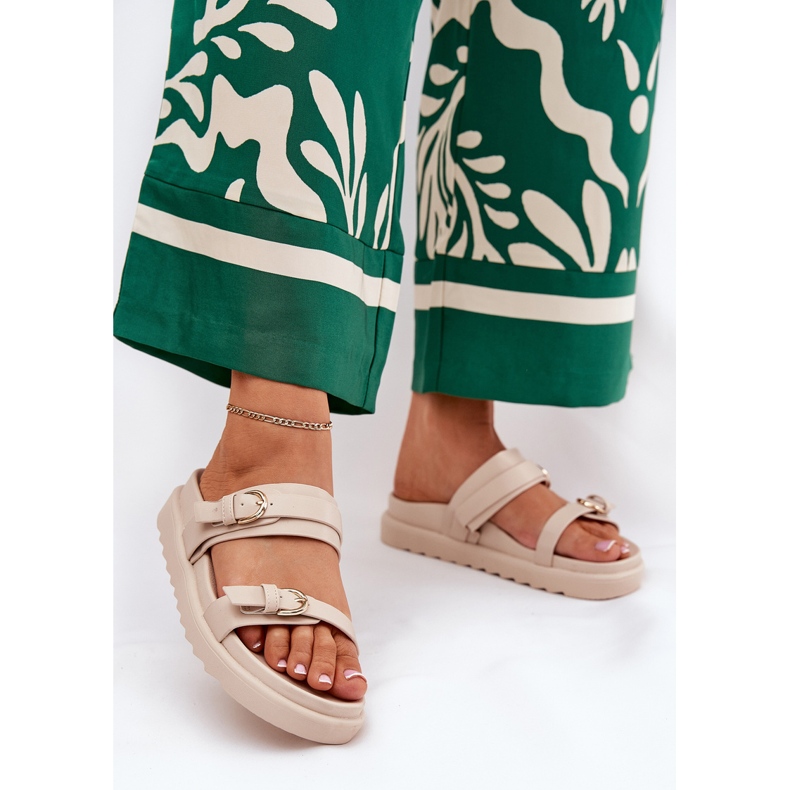 Women's flip flops on the platform with golden buckles beige 2