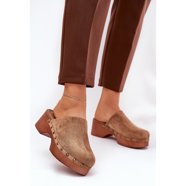 Clogs women's flip -flops with eco suede studs camel brown 2