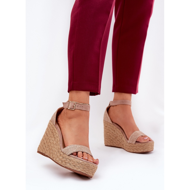 Women's sandals for wedge with khaki braid beige 2