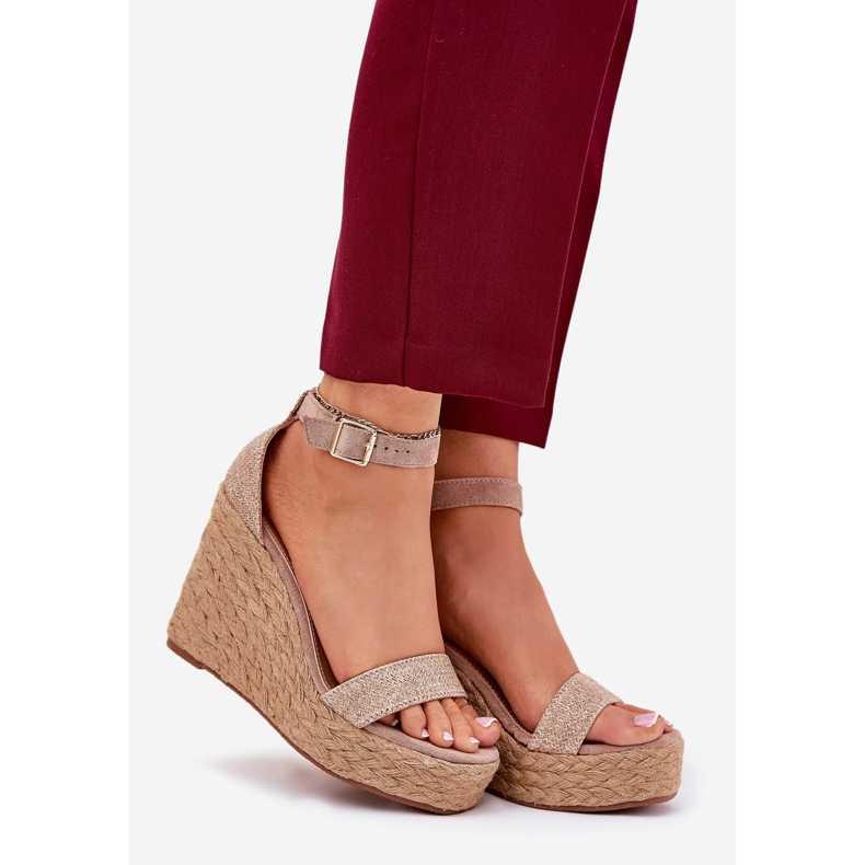 Women's sandals for wedge with khaki braid beige 1