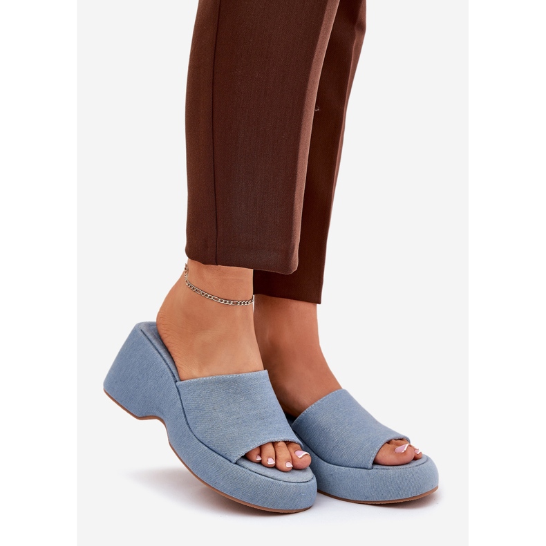 Material women's flip flops on the platform and denim wedges blue 1