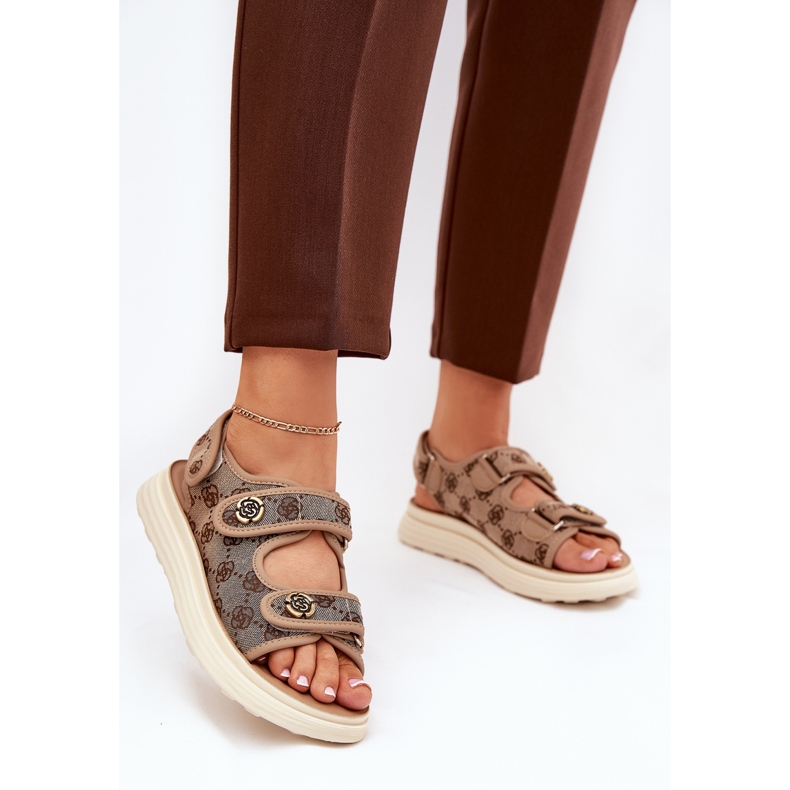 Women's patterned material sandals with golden details khaki beige 2