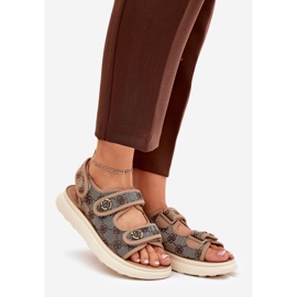 Women's patterned material sandals with golden details khaki beige 1