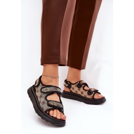 Women's patterned material sandals with golden details beige-black 2