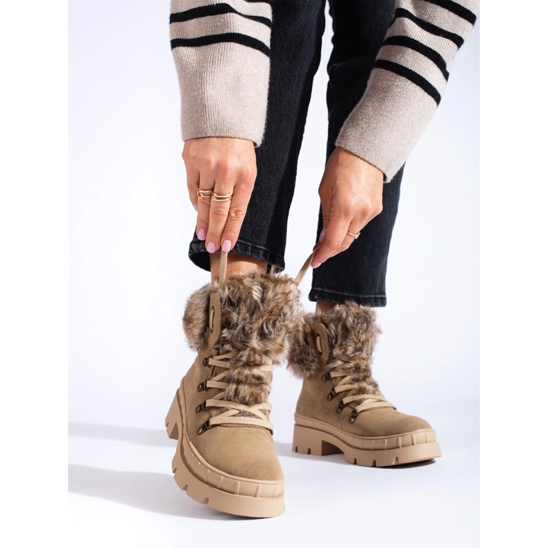 Women's Trappers with Fur Brown beige 2