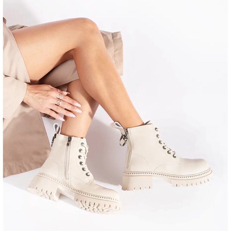 Beige leather lace-up women's ankle boots 1 Beige leather lace-up women's ankle boots 1