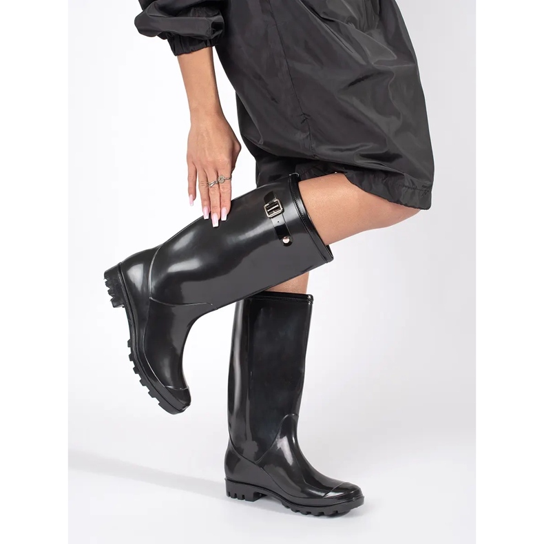 Women's black high patent wellington boots 1