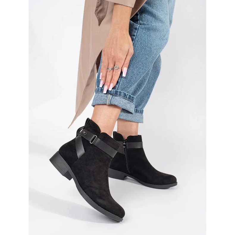 Women's black suede ankle boots with a decorative strap 2