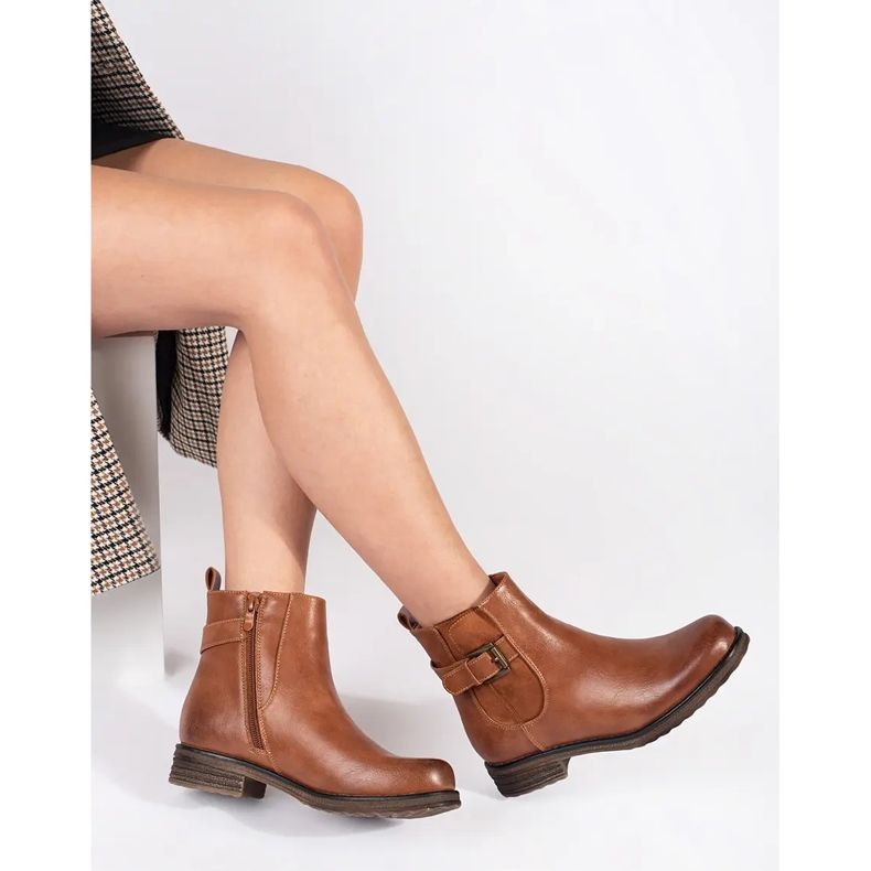 Brown women's ankle boots with a buckle on a low heel 2