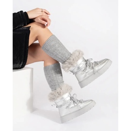 Silver women's snow boots with fur on a thick sole 1