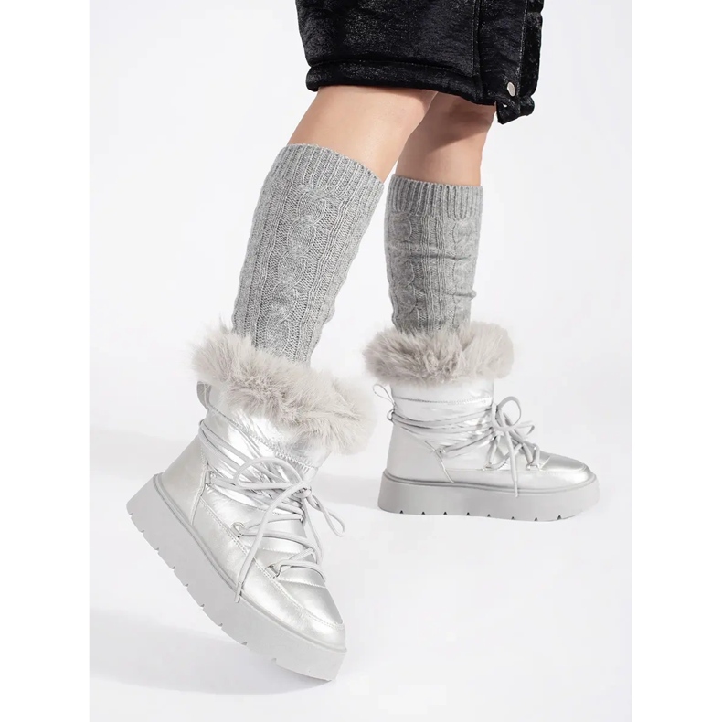 Silver women's snow boots with fur on a thick sole 2