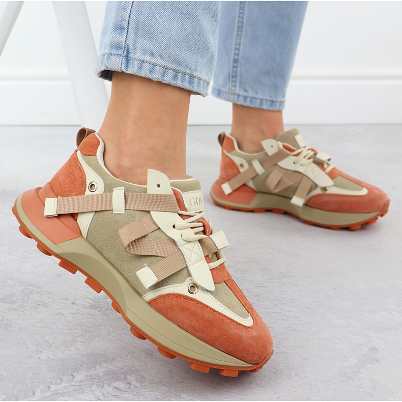 Women's leather sneakers beige orange Goe RR2N4064 2
