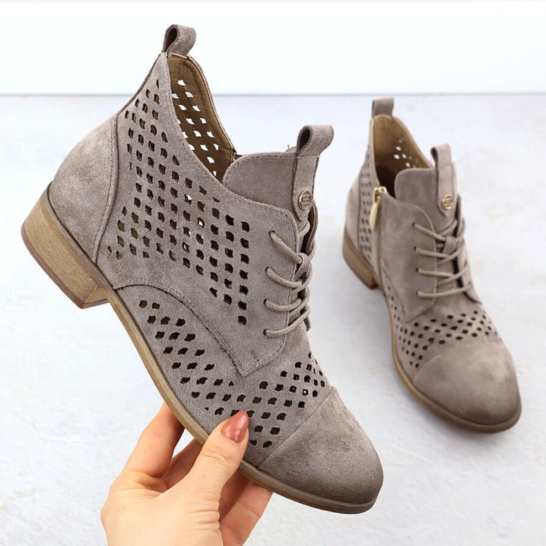 Women's openwork boots suede khaki potocki sz12091 green 1