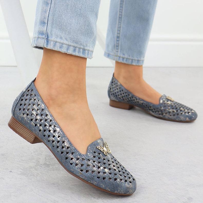 Women's openwork shoes with low heels blue M. Daszyński Sa222-3 2