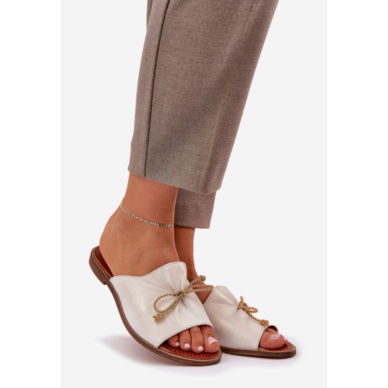 Leather flat elegant flip flops with a bow Lewski 3572 zloty wiped golden 1