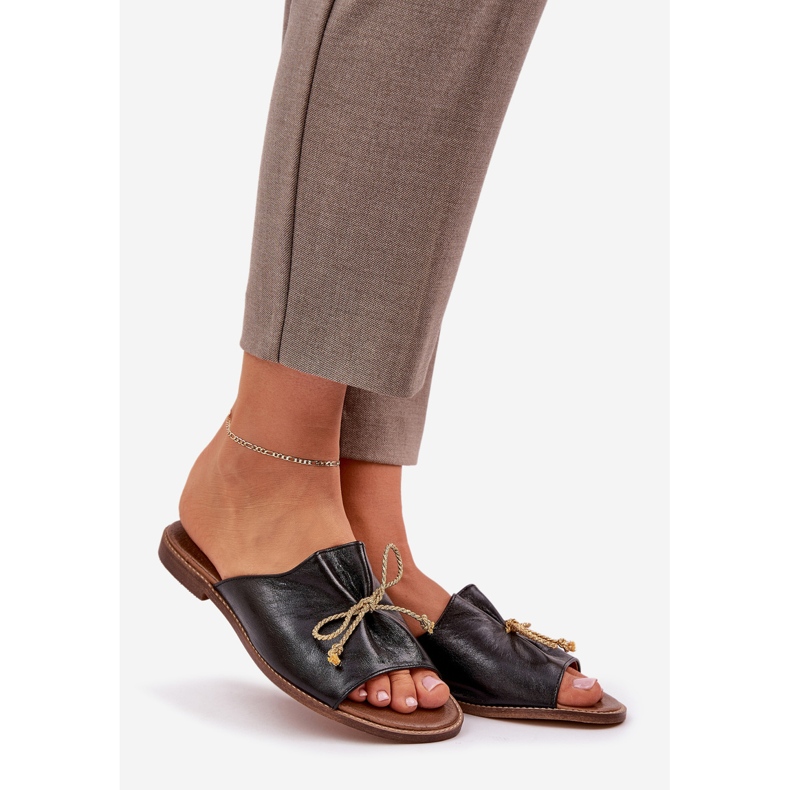 Leather flat elegant flip flops with a bow Lewski 3572 black 1