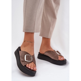Women's suede flip flops with a buckle on the Zazoo 3019 brown platform 2