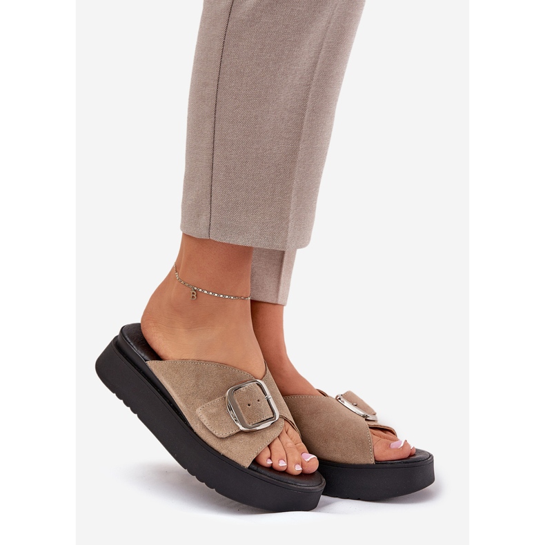 Women's suede flip flops with a buckle on the Zazoo 3019 beige platform 1