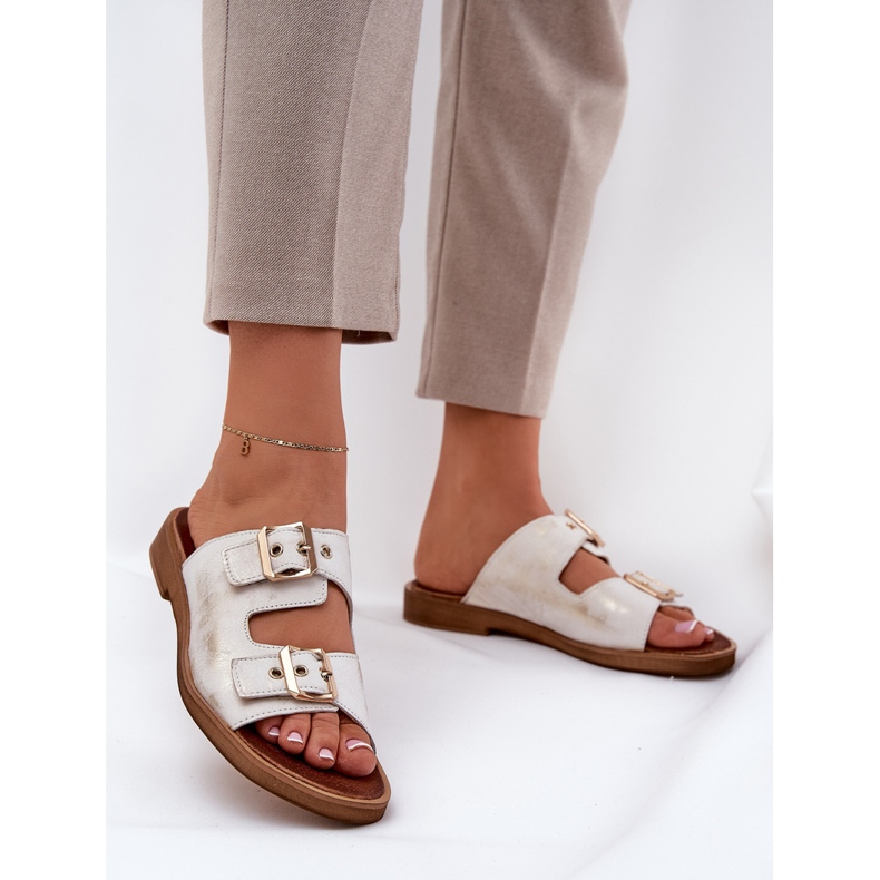 Leather flat flip flops with Zazoo 3020 zloty zloty wiped golden 2